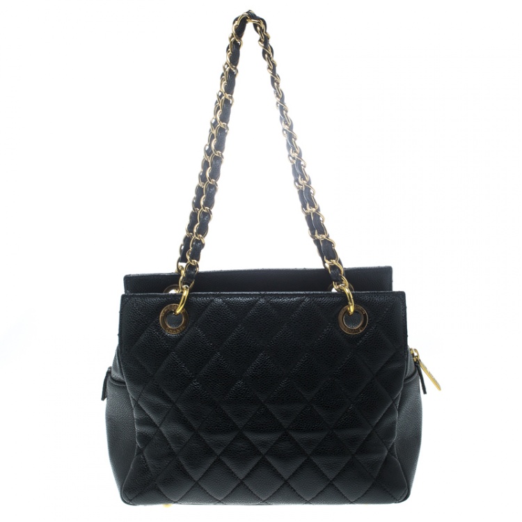 Pre Owned Chanel Black Quilted Caviar Leather Petite Timeless Shopper Tote