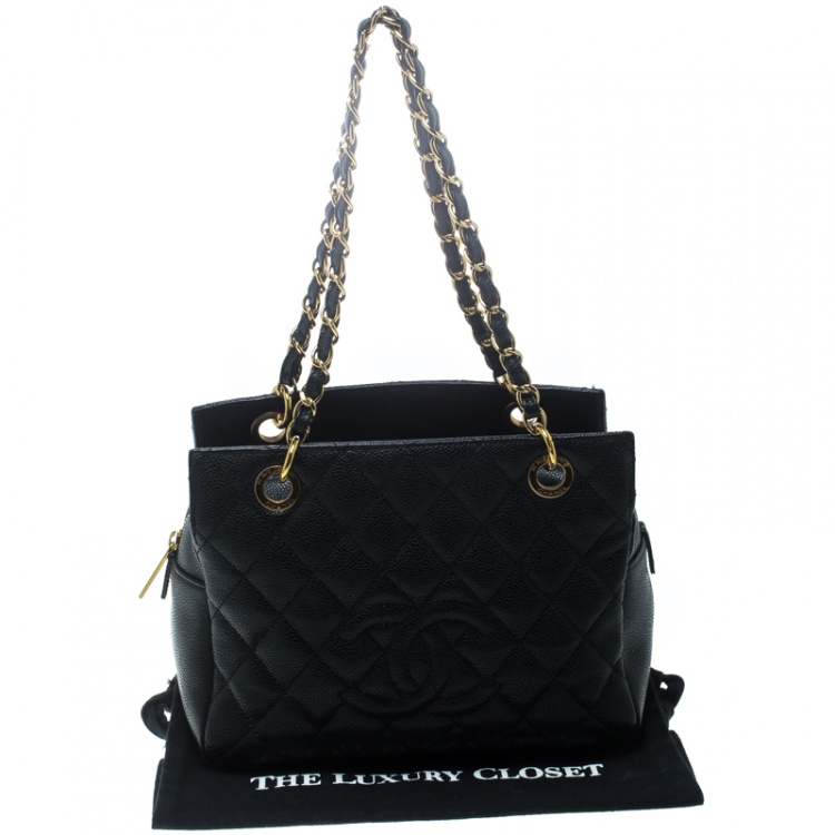 Pre Owned Chanel Black Quilted Caviar Leather Petite Timeless Shopper Tote