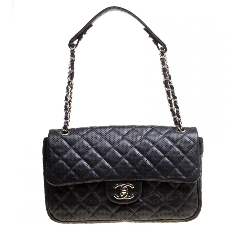 Chanel Metallic Silver Perforated Quilted Lambskin Jumbo Classic Double Flap Brushed Silver Hardware, 2014-2015 (Like New), Womens Handbag