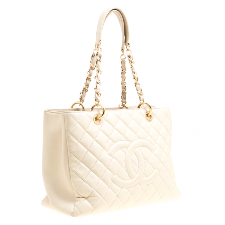 Pre Owned Chanel Beige Quilted Caviar Leather Grand Shopper Tote Bag