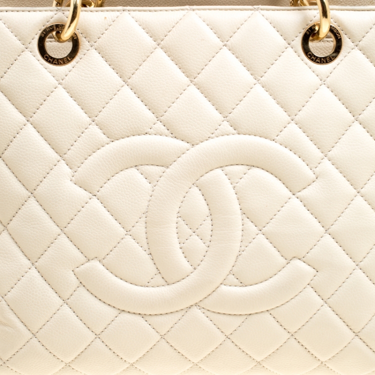 Pre Owned Chanel Beige Quilted Caviar Leather Grand Shopper Tote Bag