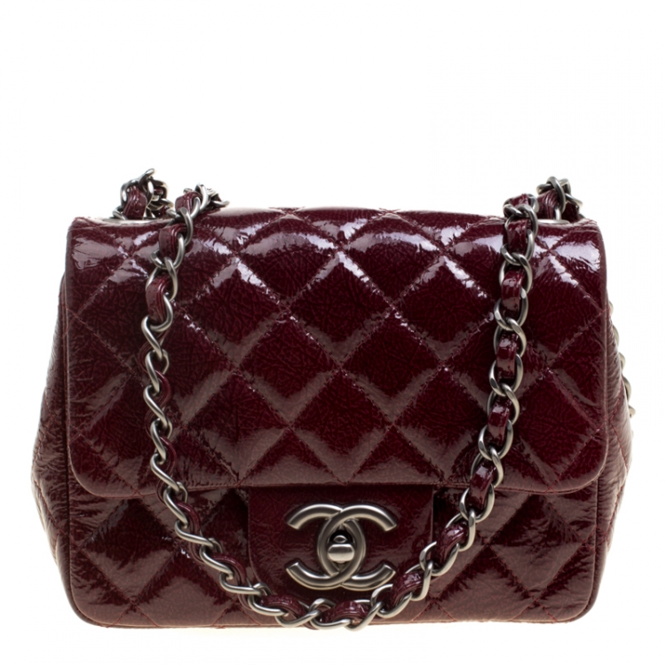 Pre Owned Chanel Burgundy Patent Textured Leather New Mini Classic Single Flap Bag