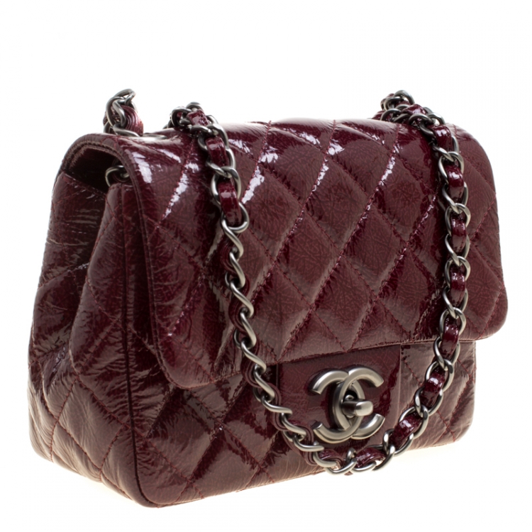 Pre Owned Chanel Burgundy Patent Textured Leather New Mini Classic Single Flap Bag