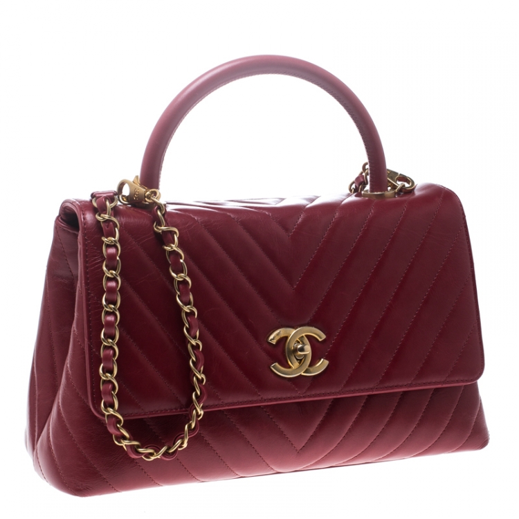 Pre Owned Chanel Red Chevron Quilted Leather Small Coco Top Handle Bag