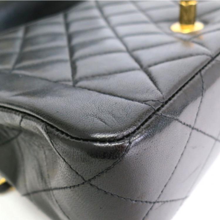 Pre Owned Chanel Black Lambskin Leather With Gold Hardware Single Flap Bag 