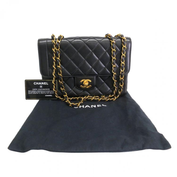 Pre Owned Chanel Black Lambskin Leather With Gold Hardware Single Flap Bag 
