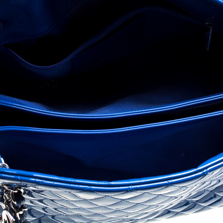 Pre Owned Chanel Blue Quilted Patent Leather Large Just Mademoiselle Bowling Bag