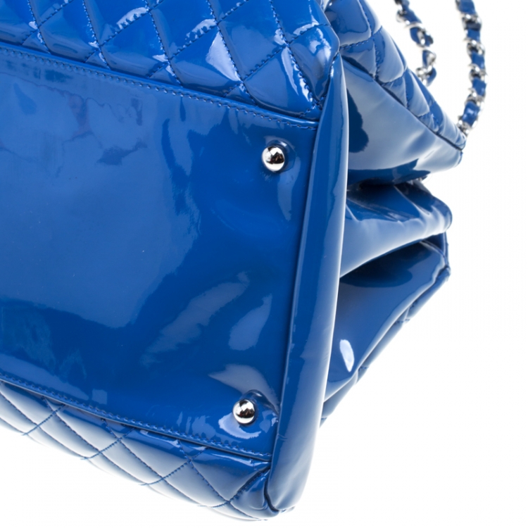 Pre Owned Chanel Blue Quilted Patent Leather Large Just Mademoiselle Bowling Bag