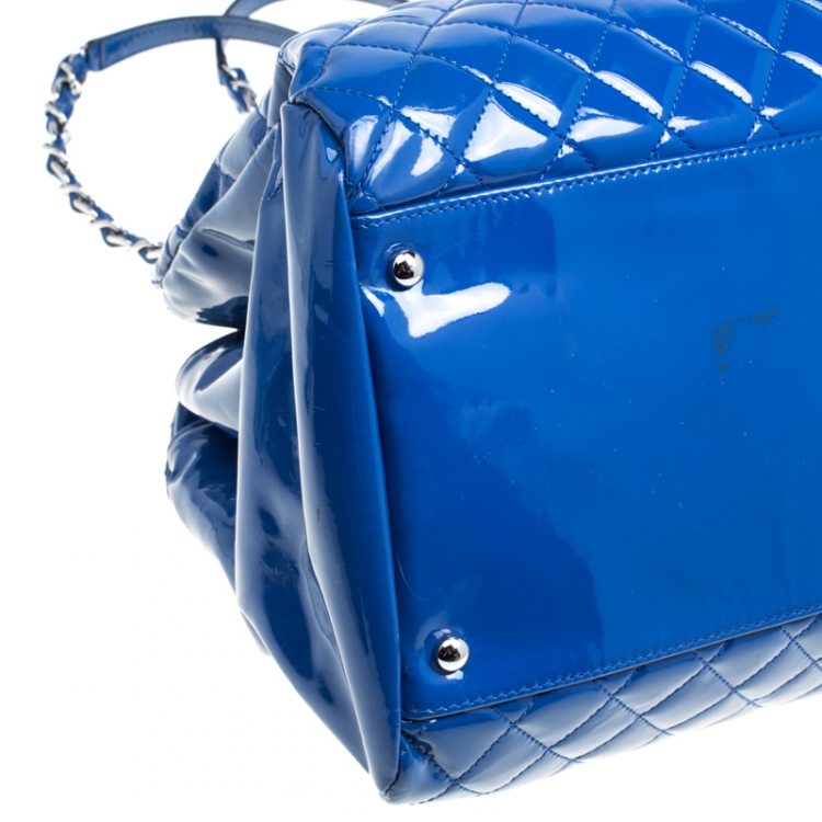 Pre Owned Chanel Blue Quilted Patent Leather Large Just Mademoiselle Bowling Bag