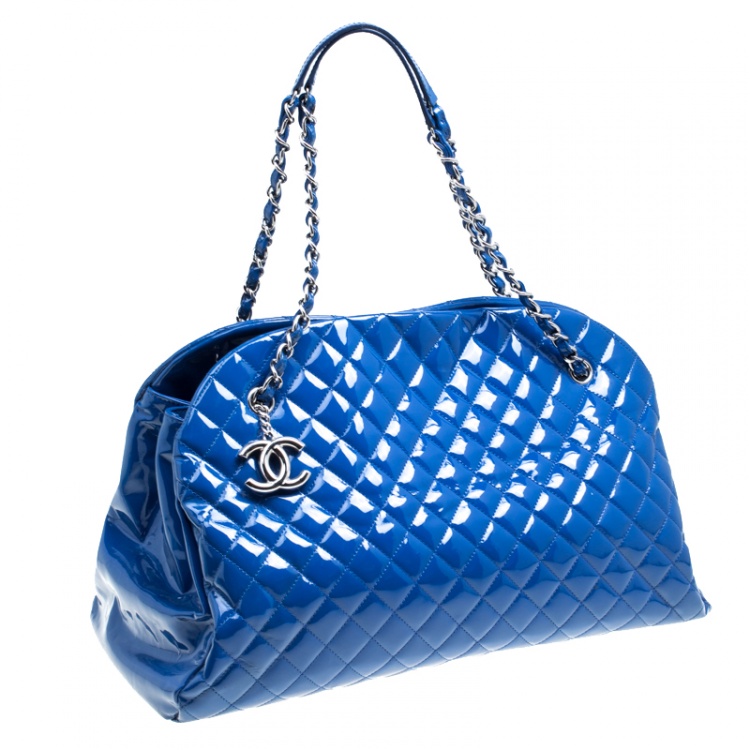 Pre Owned Chanel Blue Quilted Patent Leather Large Just Mademoiselle Bowling Bag
