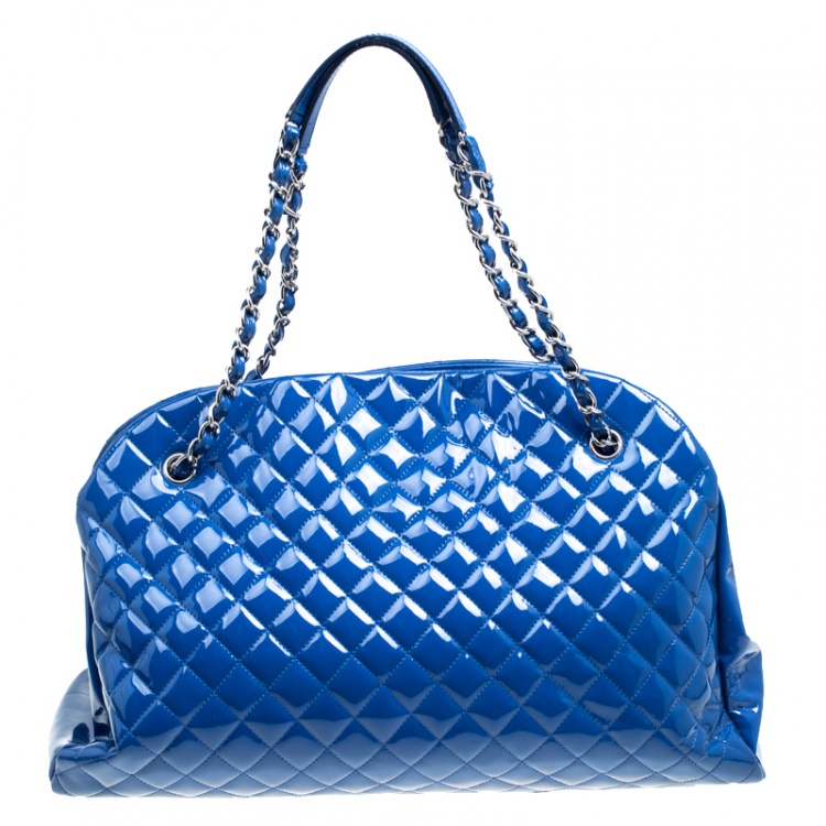 Pre Owned Chanel Blue Quilted Patent Leather Large Just Mademoiselle Bowling Bag