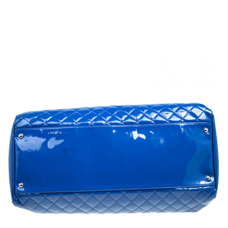Pre Owned Chanel Blue Quilted Patent Leather Large Just Mademoiselle Bowling Bag
