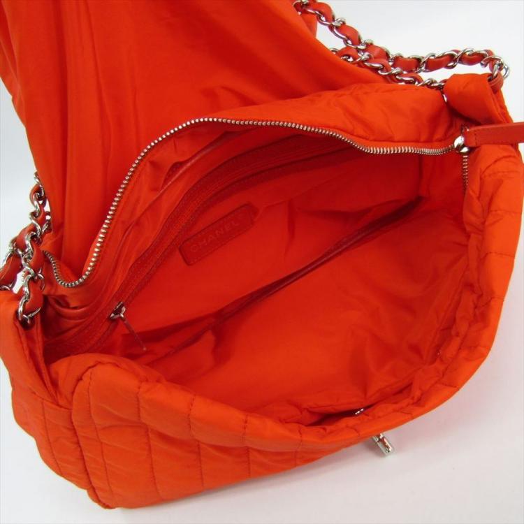 Pre Owned Chanel Orange Quilted Nylon Flap Bag