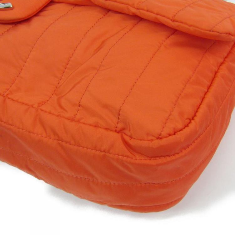 Pre Owned Chanel Orange Quilted Nylon Flap Bag