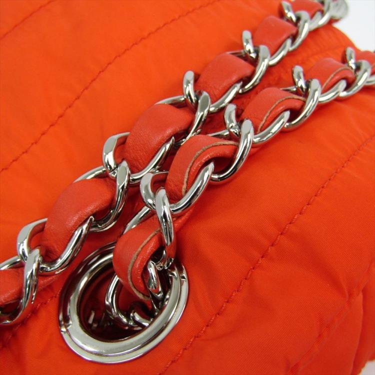 Pre Owned Chanel Orange Quilted Nylon Flap Bag