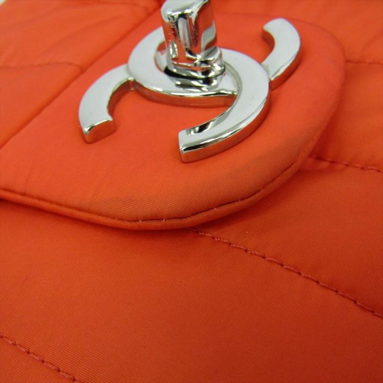 Pre Owned Chanel Orange Quilted Nylon Flap Bag