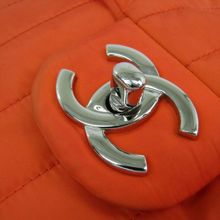 Pre Owned Chanel Orange Quilted Nylon Flap Bag