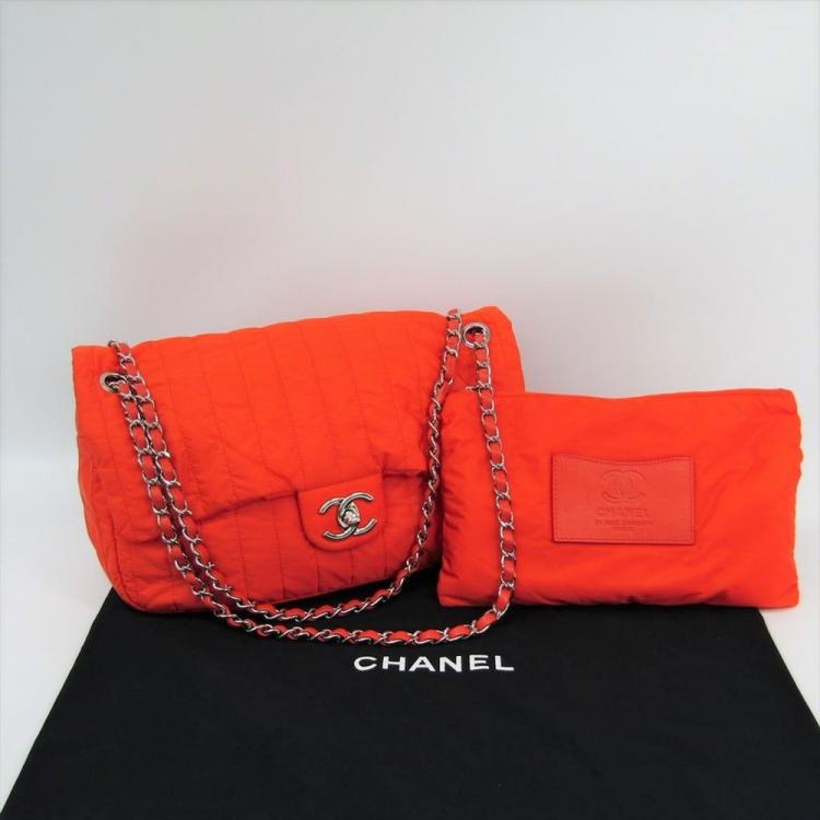 Pre Owned Chanel Orange Quilted Nylon Flap Bag