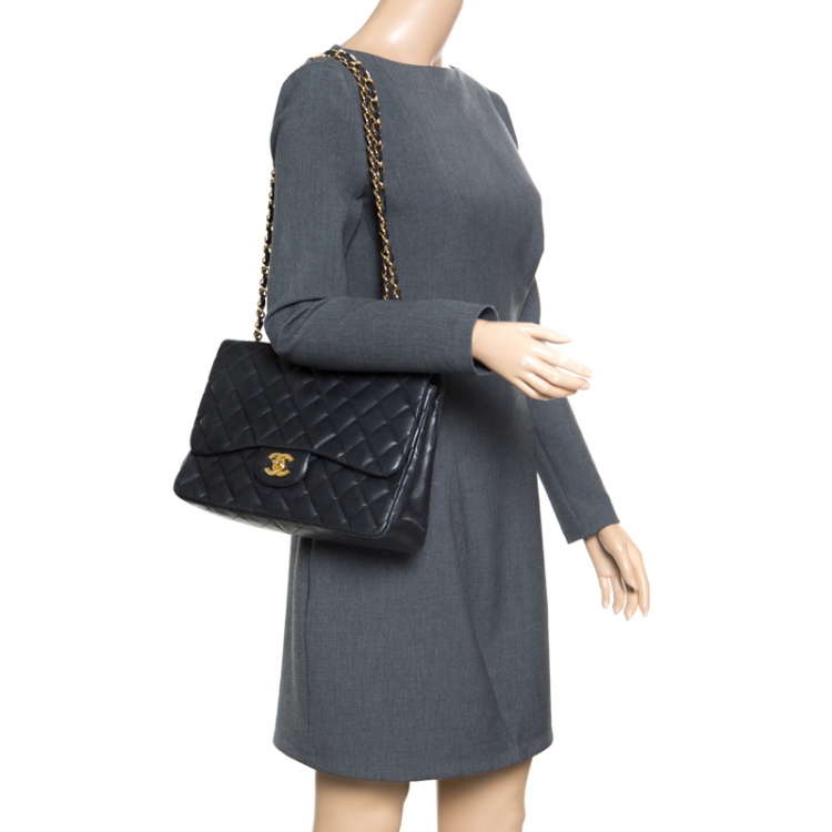 Pre Owned Chanel Black Quilted Leather Jumbo Classic Single Flap Bag