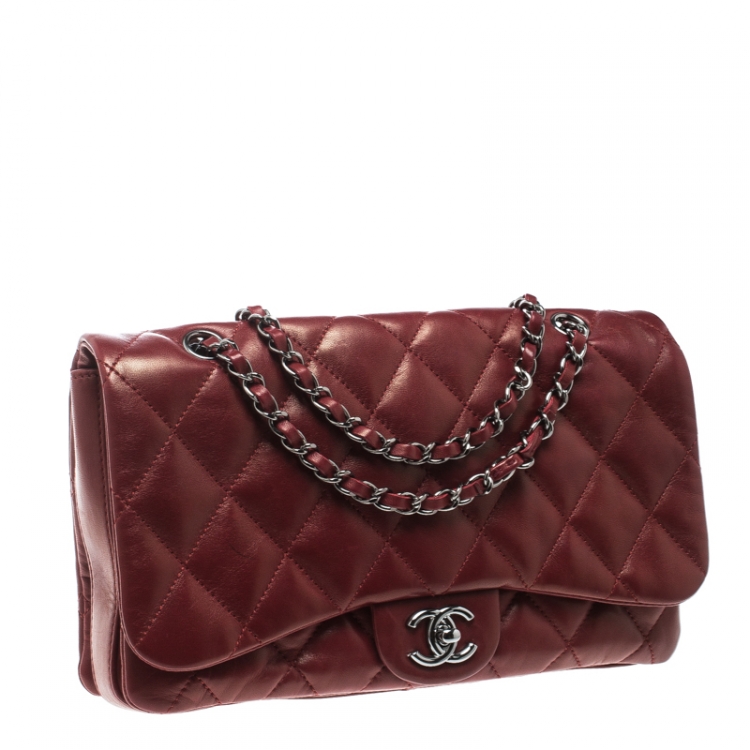 Pre Owned Chanel Metallic Maroon Leather Classic Flap Shoulder Bag