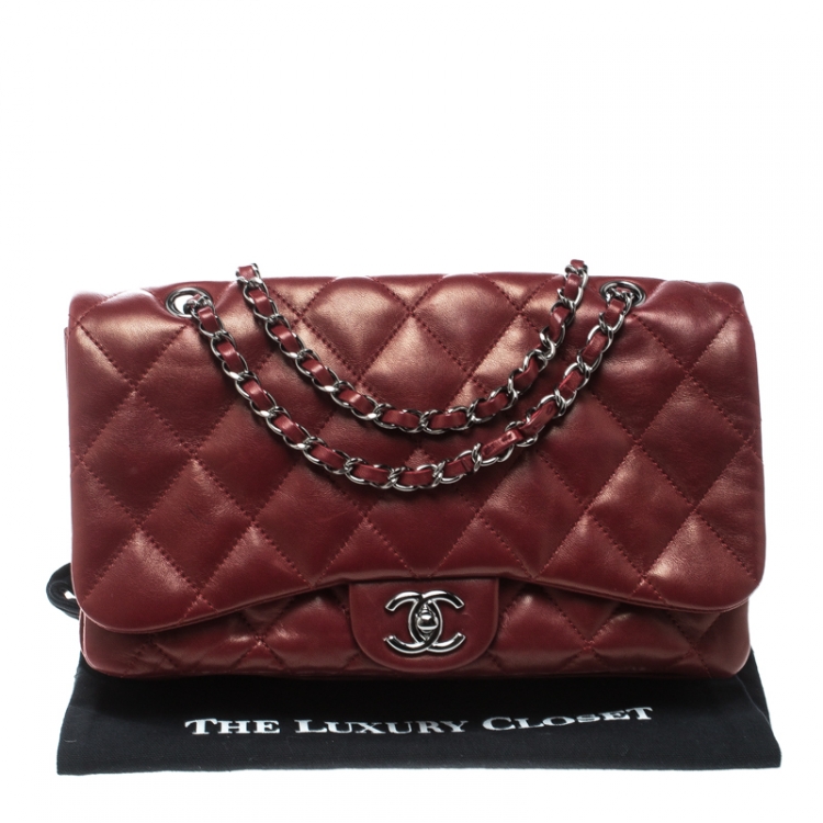 Pre Owned Chanel Metallic Maroon Leather Classic Flap Shoulder Bag