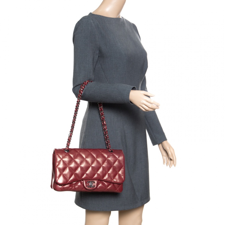 Pre Owned Chanel Metallic Maroon Leather Classic Flap Shoulder Bag