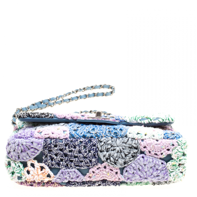 Pre Owned Chanel Multicolor Crochet and Leather Medium Classic Single Flap Bag