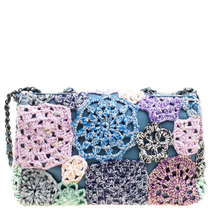Pre Owned Chanel Multicolor Crochet and Leather Medium Classic Single Flap Bag