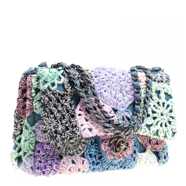 Pre Owned Chanel Multicolor Crochet and Leather Medium Classic Single Flap Bag