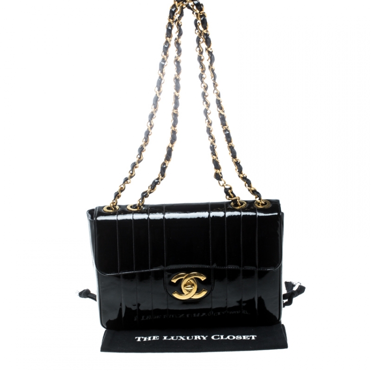 Pre Owned Chanel Black Vertical Quilted Patent Leather Jumbo Vintage Classic Single Flap Bag