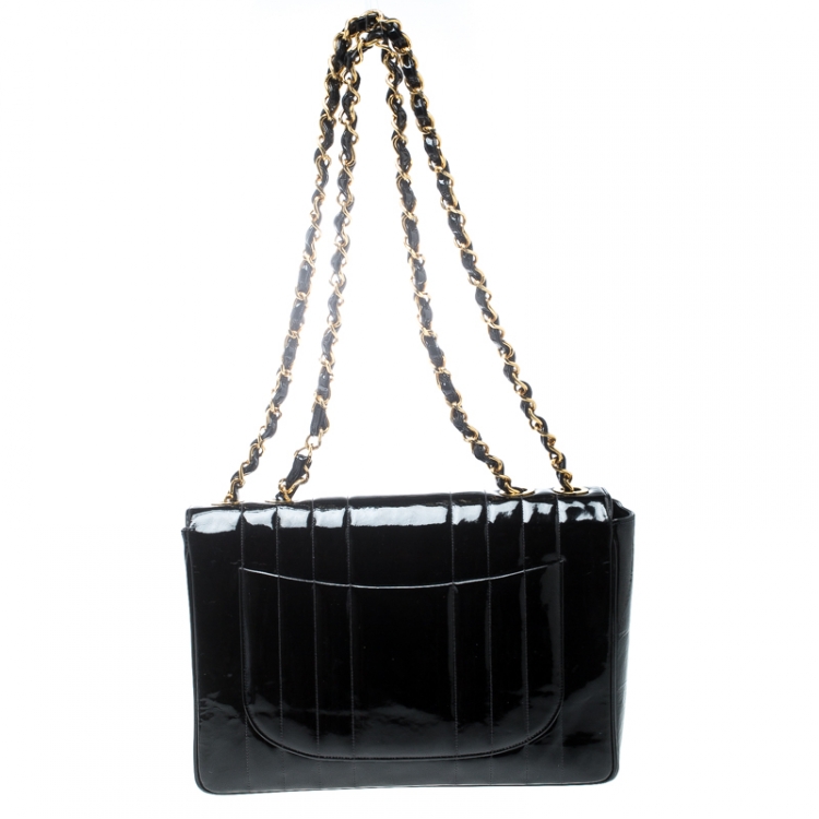 Pre Owned Chanel Black Vertical Quilted Patent Leather Jumbo Vintage Classic Single Flap Bag