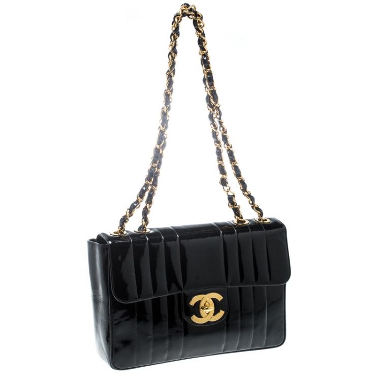 Pre Owned Chanel Black Vertical Quilted Patent Leather Jumbo Vintage Classic Single Flap Bag