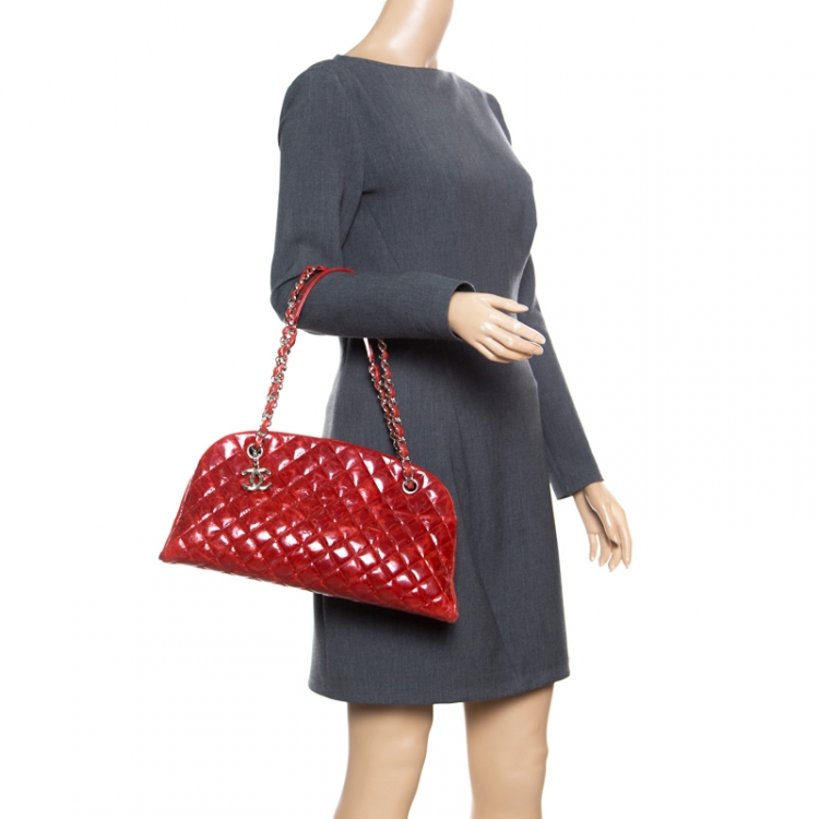 Pre Owned Chanel Red Quilted Glazed Crackled Leather Medium Just Mademoiselle Bowling Bag