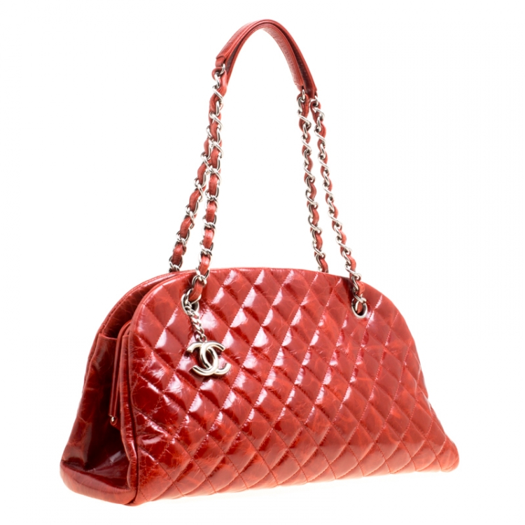 Pre Owned Chanel Red Quilted Glazed Crackled Leather Medium Just Mademoiselle Bowling Bag