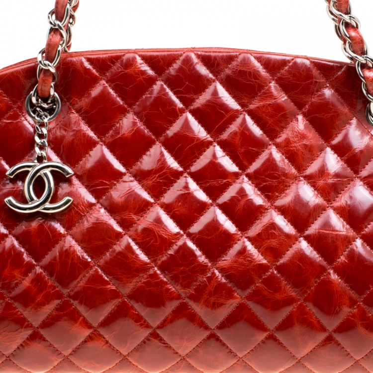 Pre Owned Chanel Red Quilted Glazed Crackled Leather Medium Just Mademoiselle Bowling Bag