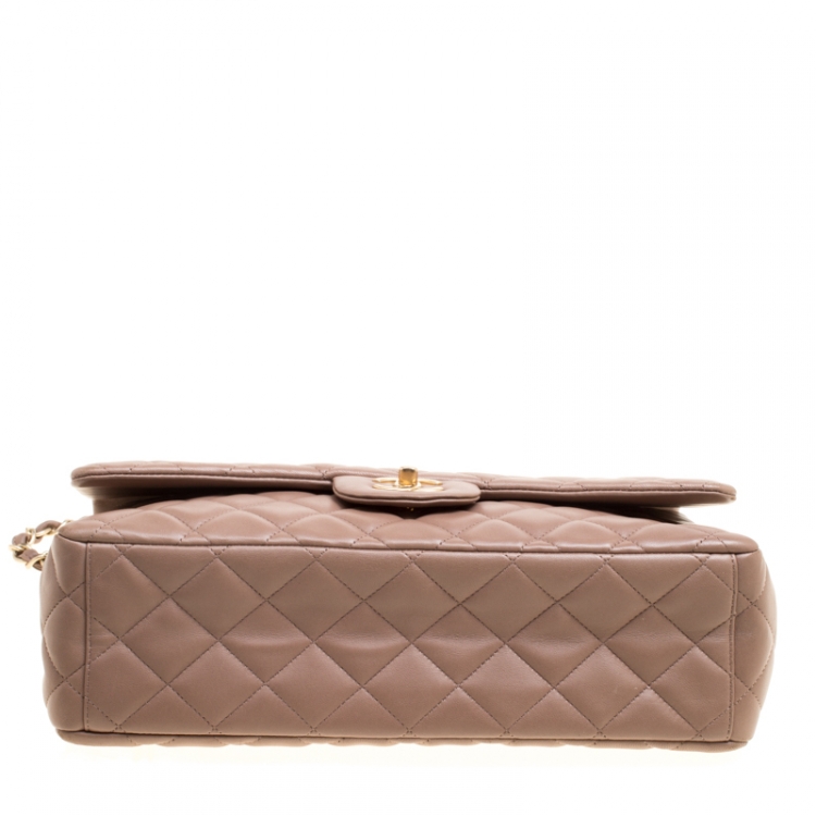 Pre Owned Chanel Taupe Quilted Leather Maxi Classic Single Flap Bag