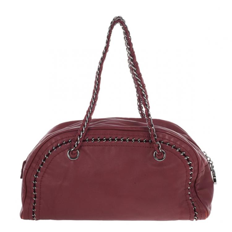 Pre Owned Chanel Maroon Leather Chain Trim Luxe Ligne Bowler Boston Duffle Bag