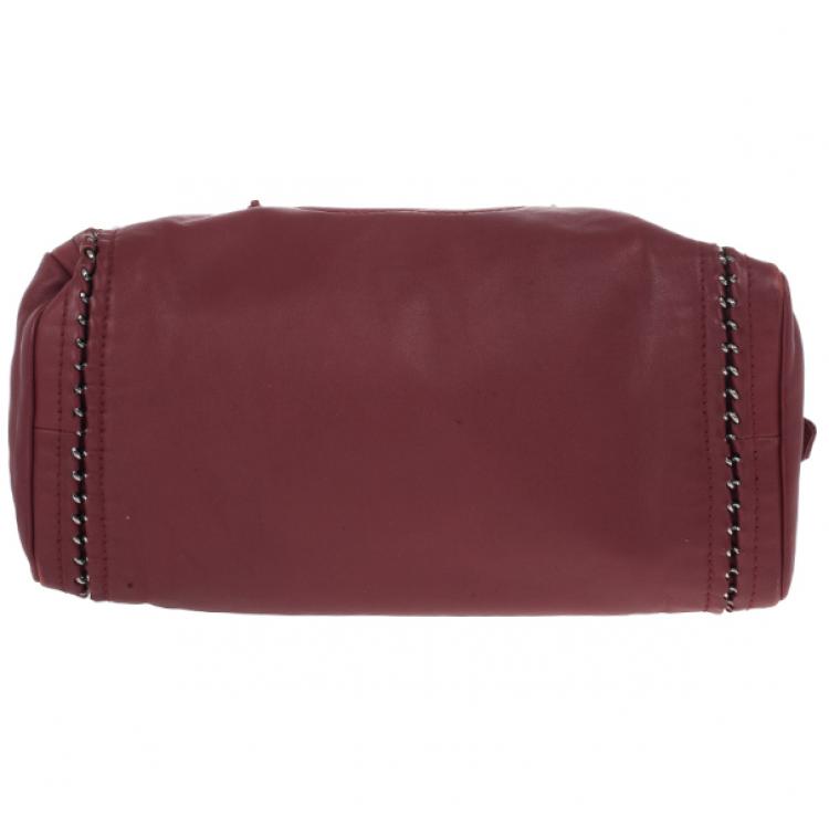 Pre Owned Chanel Maroon Leather Chain Trim Luxe Ligne Bowler Boston Duffle Bag