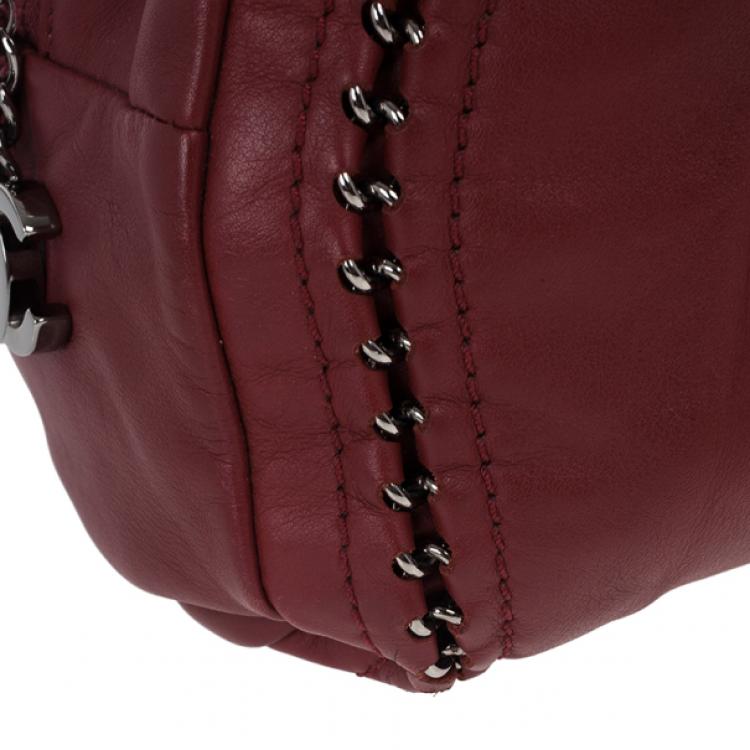 Pre Owned Chanel Maroon Leather Chain Trim Luxe Ligne Bowler Boston Duffle Bag