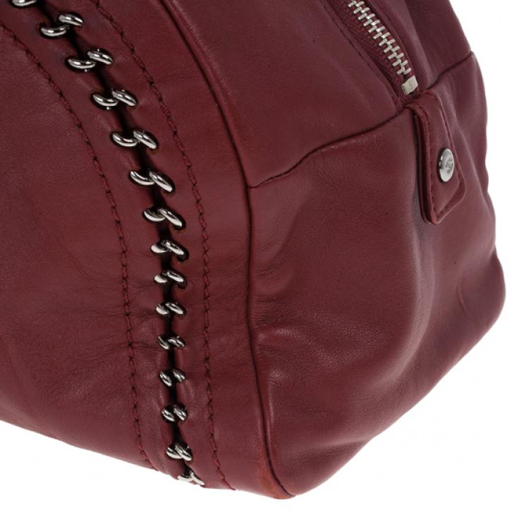 Pre Owned Chanel Maroon Leather Chain Trim Luxe Ligne Bowler Boston Duffle Bag