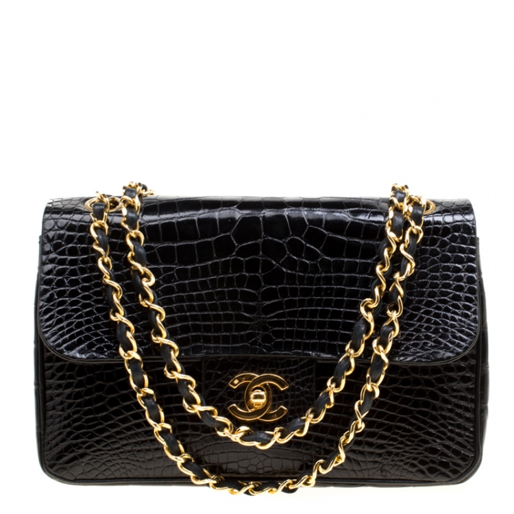 Chanel Black Alligator Small Vintage Classic Double Flap Bag Chanel