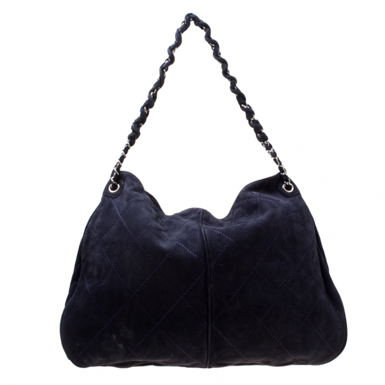 Pre Owned Chanel Dark Blue Quilted Nubuck Hobo