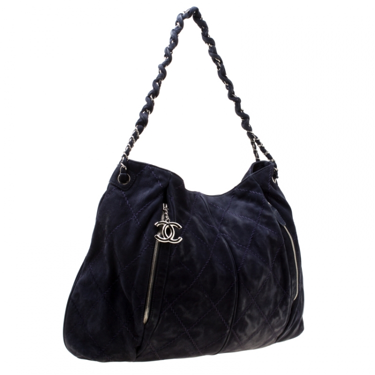 Pre Owned Chanel Dark Blue Quilted Nubuck Hobo