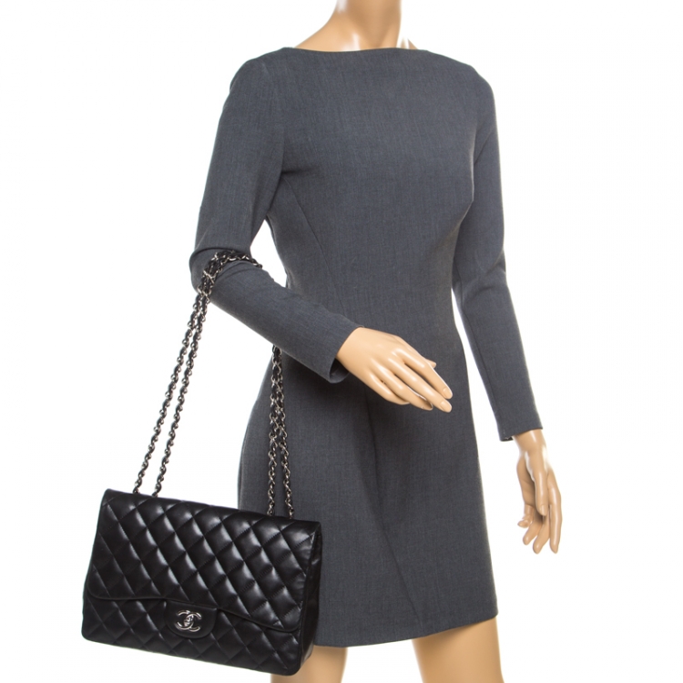 Pre Owned Chanel Black Quilted Leather Jumbo Classic Single Flap Bag