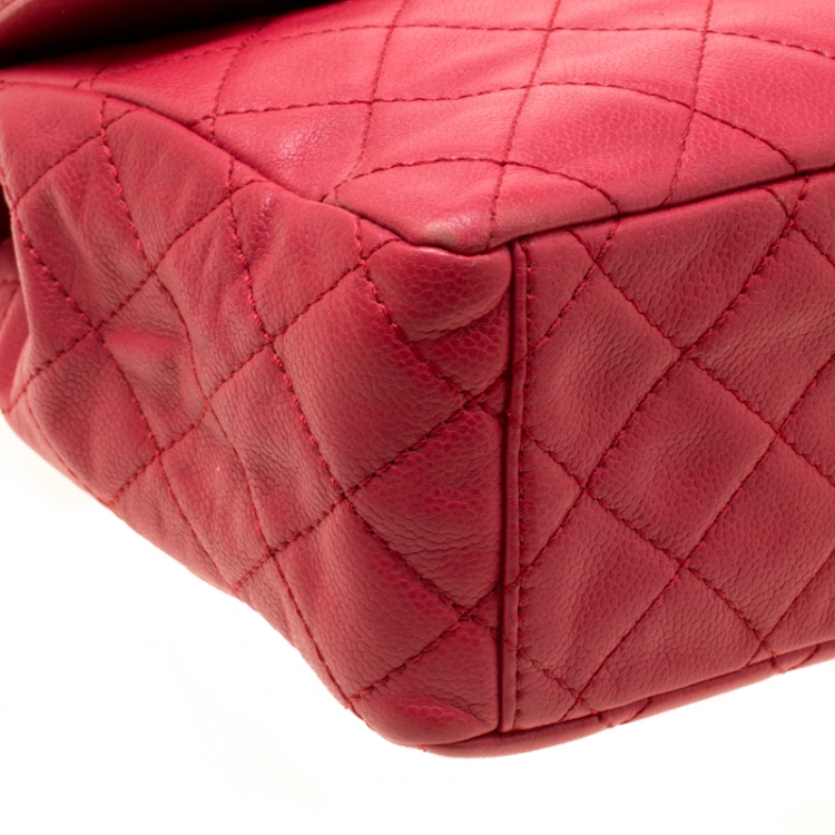 Pre Owned Chanel Red Quilted Caviar Leather Maxi Classic Single Flap Bag
