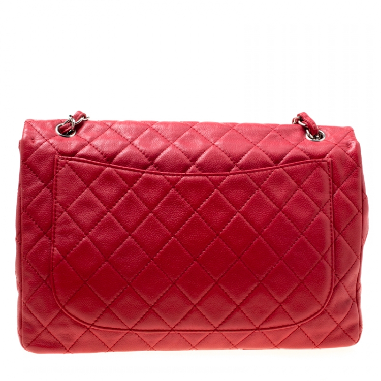 Pre Owned Chanel Red Quilted Caviar Leather Maxi Classic Single Flap Bag