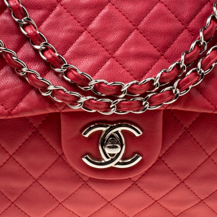 Pre Owned Chanel Red Quilted Caviar Leather Maxi Classic Single Flap Bag