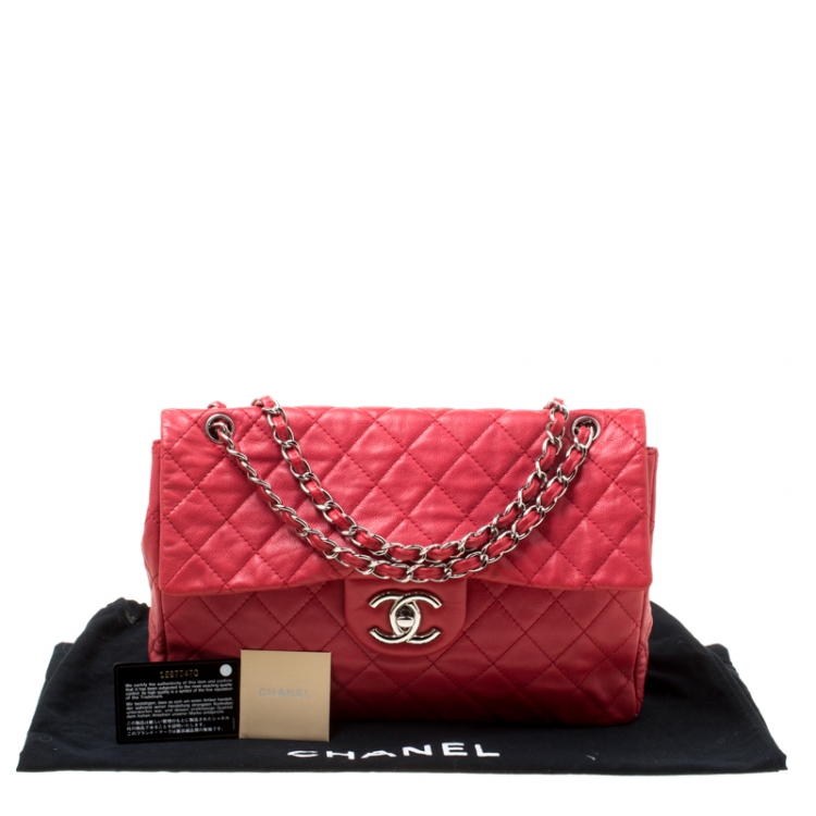 Pre Owned Chanel Red Quilted Caviar Leather Maxi Classic Single Flap Bag