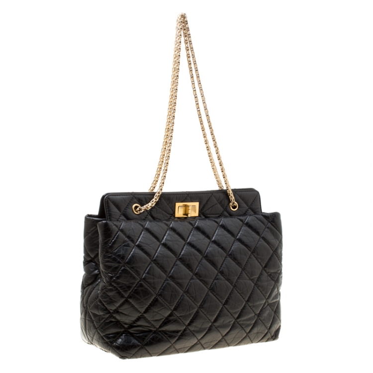 Pre Owned Chanel Black Quilted Aged Leather Reissue Tote