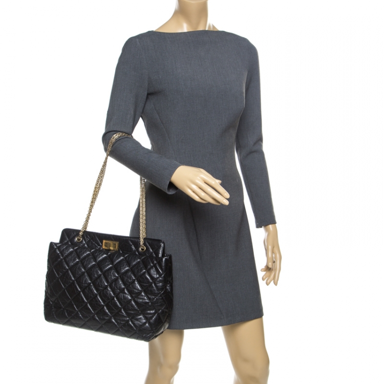 Pre Owned Chanel Black Quilted Aged Leather Reissue Tote